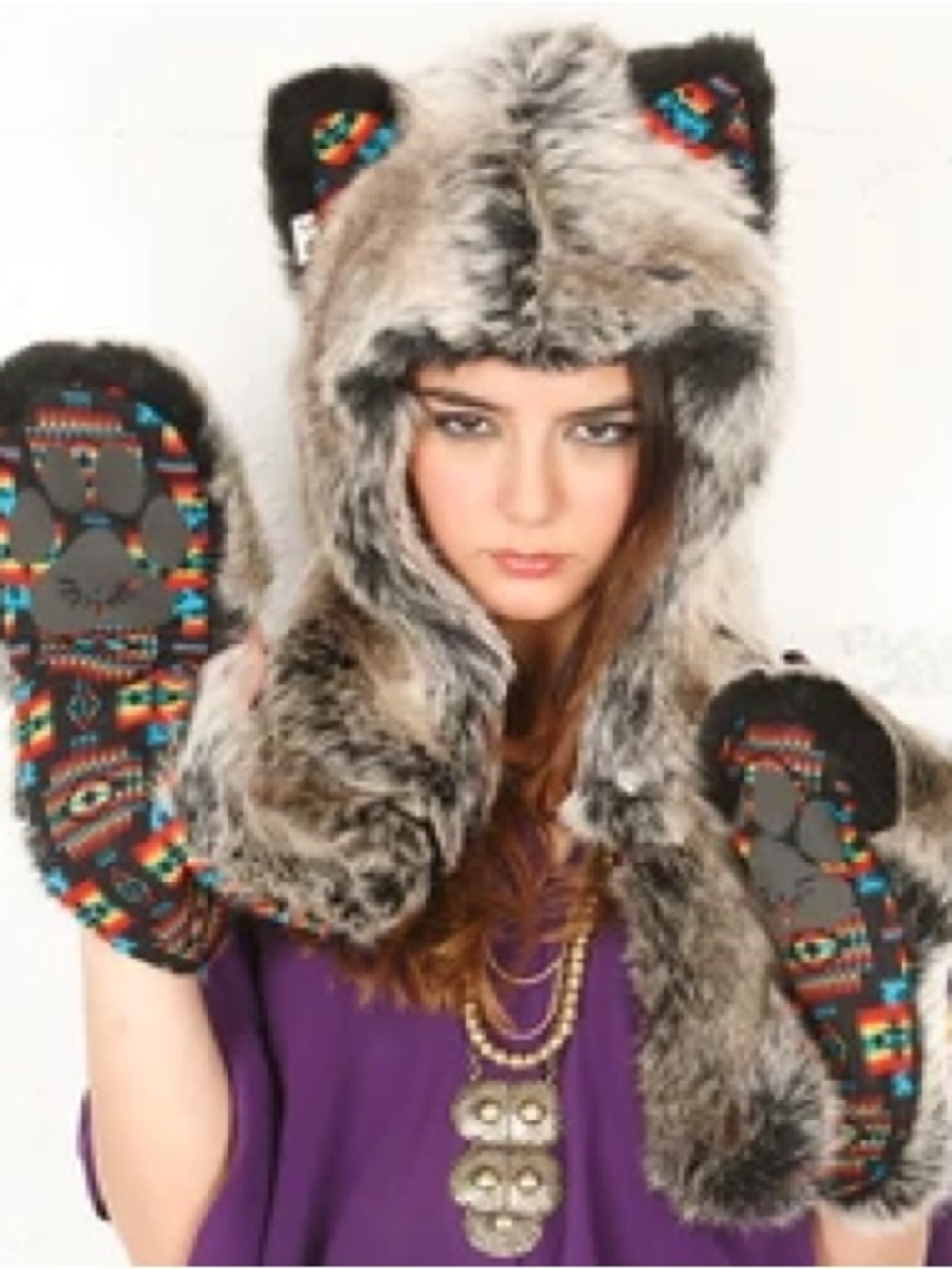 SpiritHoods Faux Fur Animal-Ear Hood with Patterned Mittens - Gray & Multicolor